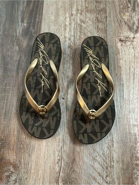 Michael Kors Gold and Black MK Logo Jelly Flip Flops